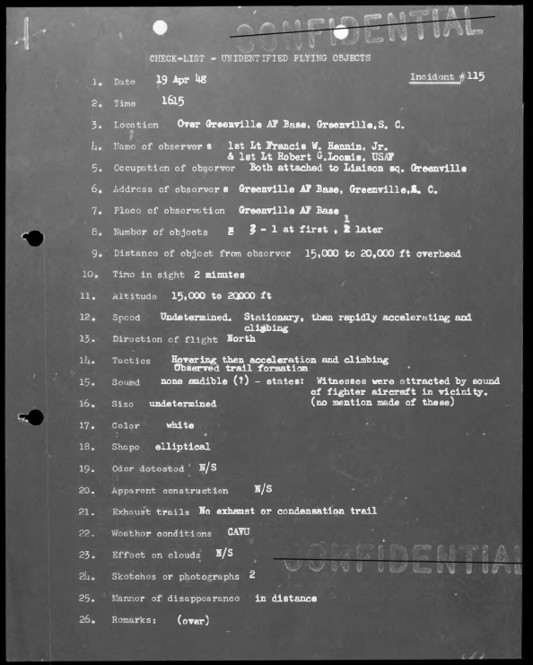 1948 Greenville Air Force Base UFO Incident 115 official U.S. military report