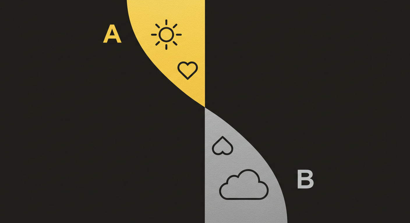 하나의 출발선에서 행복 루틴(A)은 햇빛·하트 아이콘으로, 일반 루틴(B)은 회색 구름 아이콘으로 향하는 갈라지는 길의 심벌릭 이미지