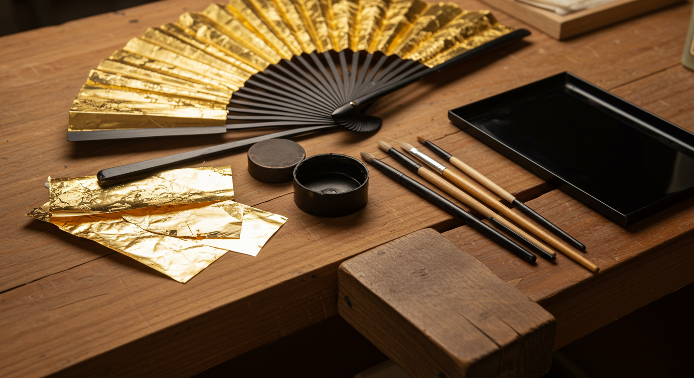 작업 테이블 위에 정갈하게 놓인 부채, 금박, 붓, 옻 등 공예 도구