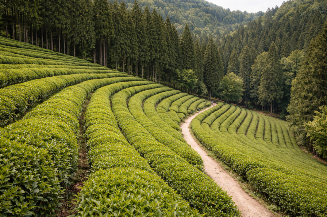보성 대한다원 녹차밭의 곡선형 차밭과 산책길, 뒤쪽 삼나무가 함께 보이는 풍경