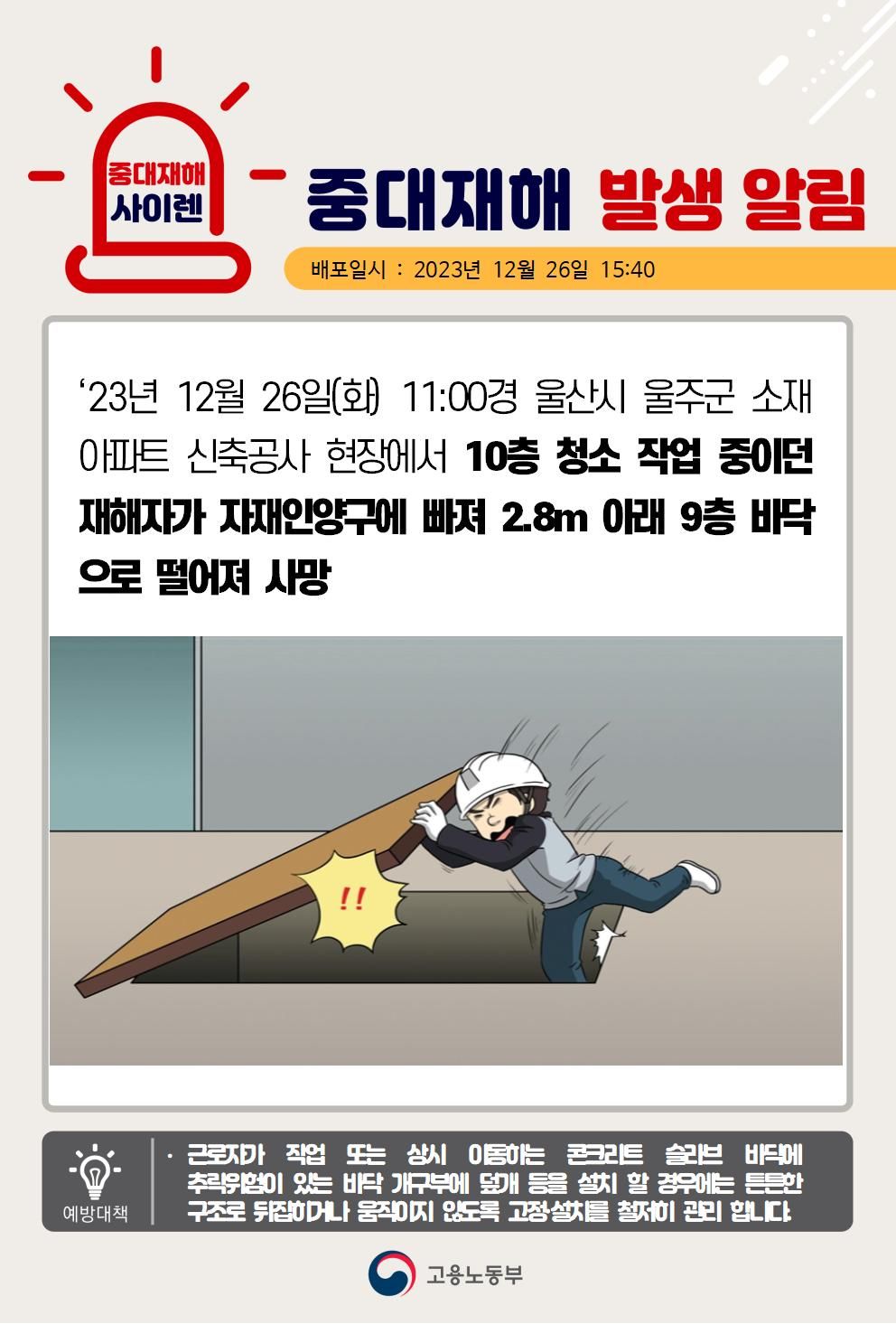 청소 작업 중 자재인양구 개구부에 떨어짐