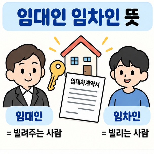 집 열쇠와 계약서를 사이에 둔 집주인과 세입자 아이콘을 중심으로 임대인 임차인 뜻 문구를 보여주는 대표 카드뉴스 이미지