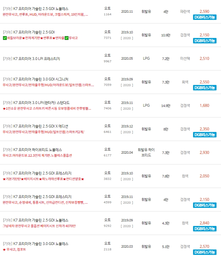 K7 프리미어 중고차 시세 : 1,360만원~3,530만원