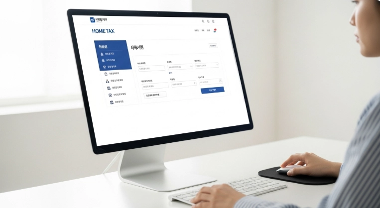 홈택스 웹사이트에서 경정청구 신청 화면을 조작하는 한국인 남성 또는 여성의 손