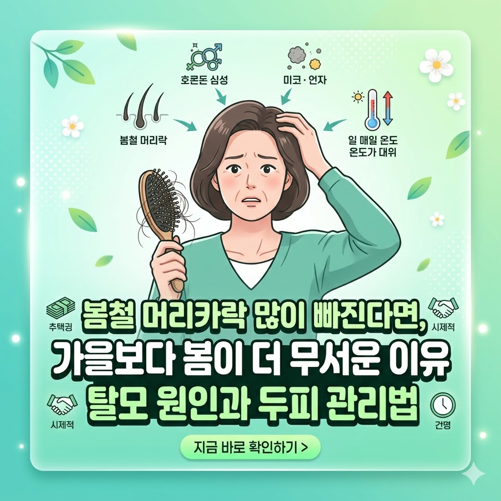 미소를 지으며 빗에 엉킨 많은 머리카락을 고민하는 40~50대 중년 여성 일러스트가 그려진 정사각형 썸네일. 여성의 머리 위로 '호르몬 변화', '미세먼지·황사', '일교차' 아이콘이 봄철 탈모 원인임을 보여줍니다. 하단에는 '봄철 머리카락 많이 빠진다면,', '가을보다 봄이 더 무서운 이유', '탈모 원인과 두피 관리법'이라는 크고 굵은 제목이 명확하게 적혀 있으며, 주변에 코인, 악수, 시계 아이콘이 배치되어 있습니다. 가장 하단에는 '지금 바로 확인하기 >' 버튼이 있습니다.