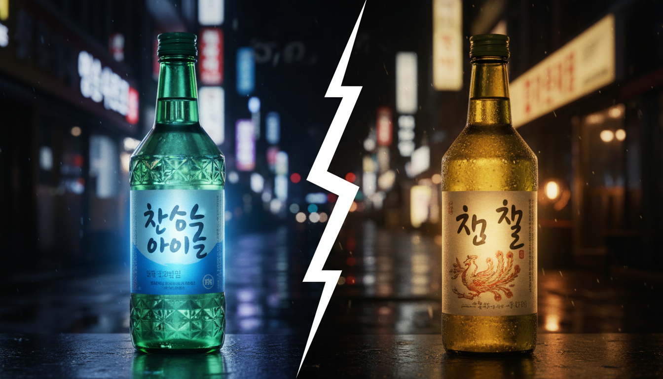 부산의 밤거리를 배경으로 무학 좋은데이와 대선 소주가 대립하고 있는 듯한 연출 이미지, 현대적인 소주병과 레트로 스타일 소주병의 대비