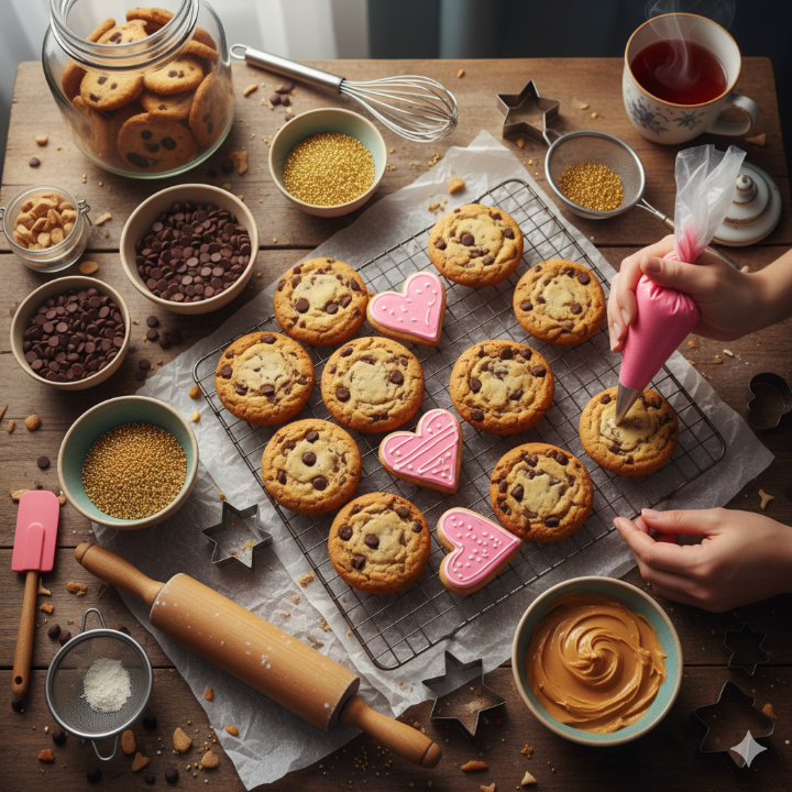 쿠키 재료 또는 베이킹 도구와 함께 놓인 쿠키 사진