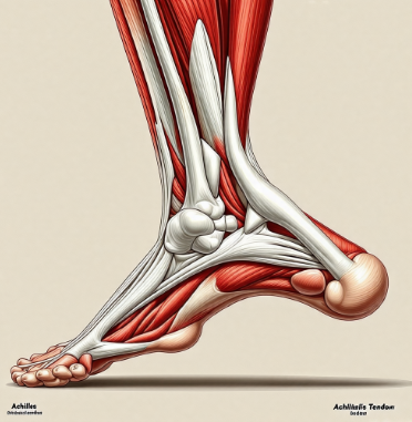 인체의 뒷다리 부분을 측면에서 본 해부도. 종아리 근육에서 시작해 발뒤꿈치로 이어지는 굵고 강한 흰색 띠 모양의 아킬레스건이 선명하게 보인다. 주변 근육과 뼈 구조도 함께 표시되어 있어 아킬레스건의 위치와 중요성을 한눈에 파악할 수 있다.
