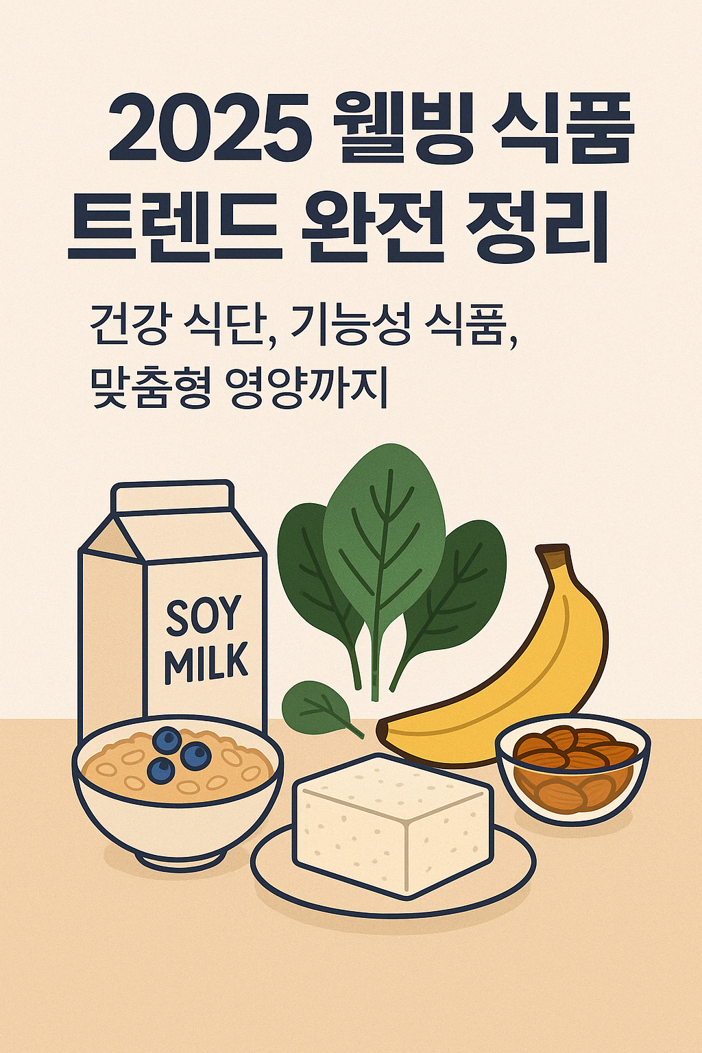'2025 웰빙 식품 트렌드 완전 정리’라는 제목과 함께 건강 식단, 기능성 식품, 맞춤형 영양 키워드를 소개하는 인포그래픽. 아래에는 귀리죽, 두유, 시금치, 두부, 바나나, 아몬드 등의 웰빙 식품이 따뜻한 톤의 일러스트로 표현되어 있어 건강하고 균형 잡힌 식단의 이미지를 시각적으로 전달한다.