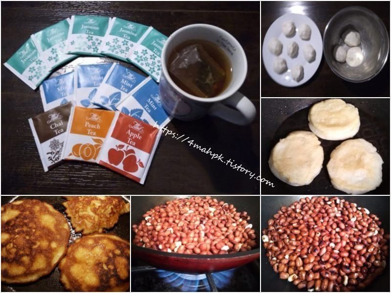 영화관가면 팝콘-우린 쟈스민차-땅콩-찹쌀부침