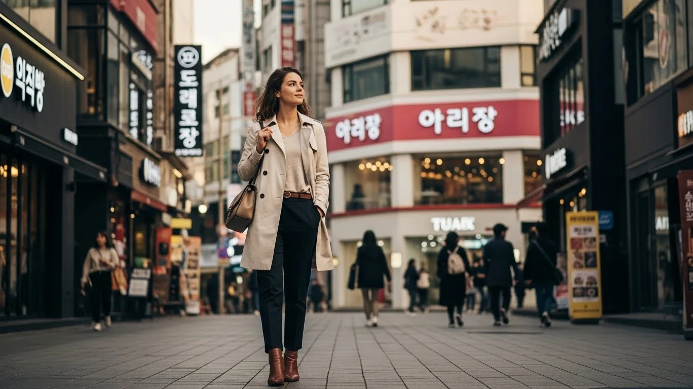 한국 도시의 거리를 편안하게 걷고 있는 외국인 이미지