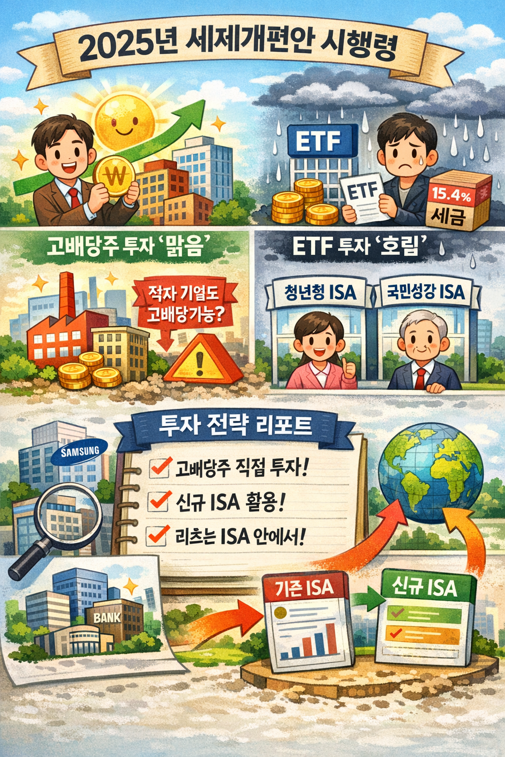 2025년 세제개편안 시행령에 따른 고배당주 직접투자와 ETF 과세 차이, 청년형 ISA·국민성장 ISA 활용 전략을 설명한 인포그래픽