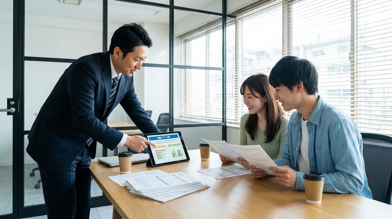 保険代理店での相談、プロの保険アドバイザーが若いカップルに説明、タブレット、契約書類