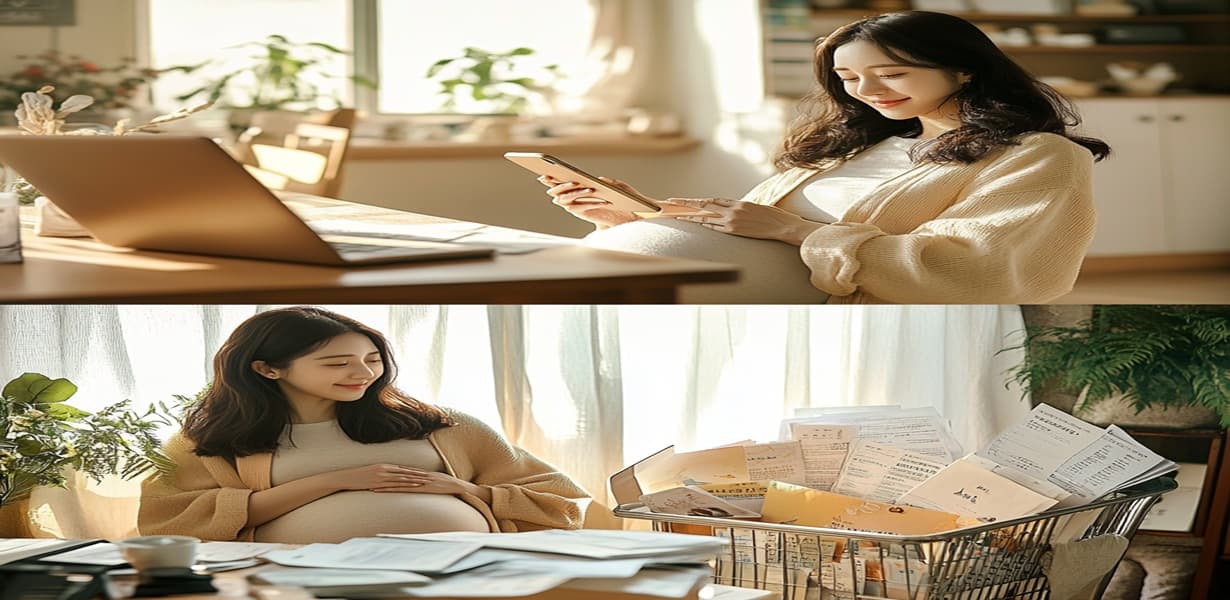 밝은 거실에서 임신한 여성이 배를 감싸고 있는 모습