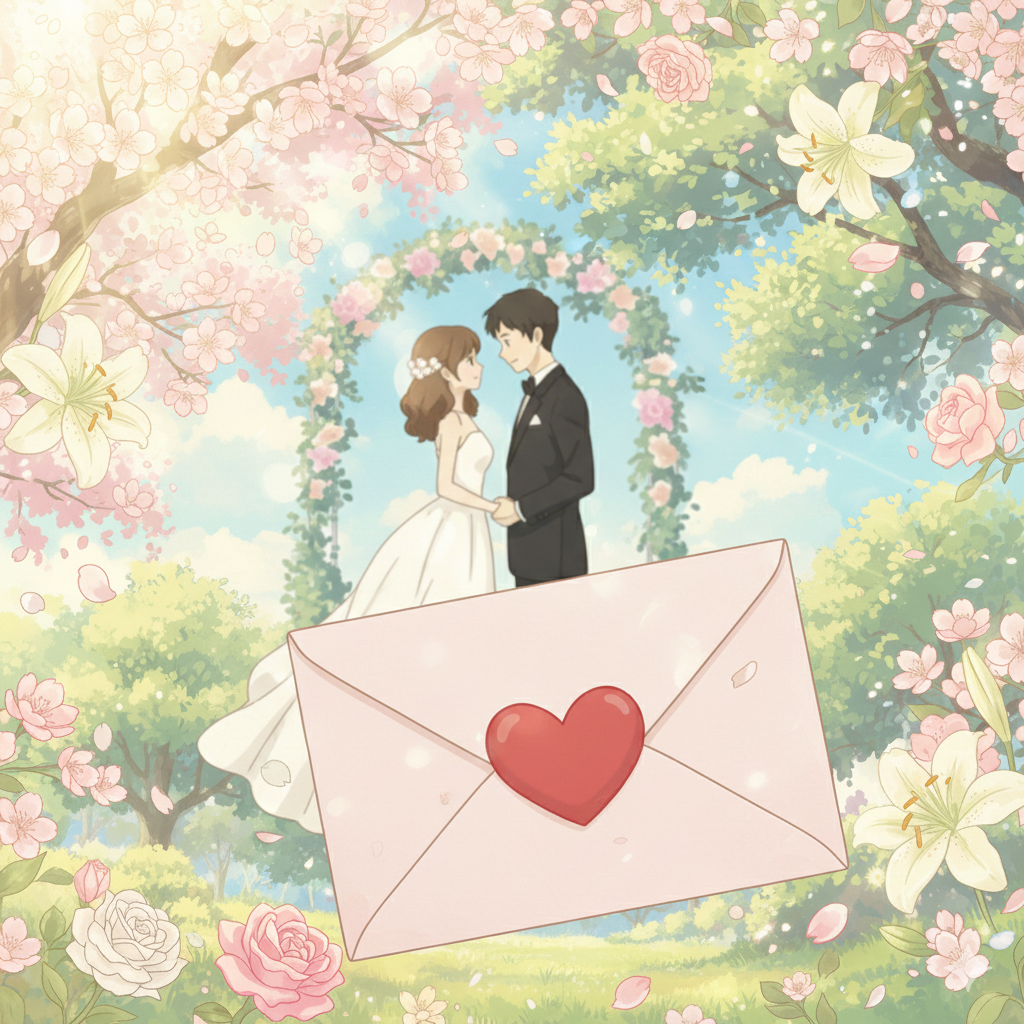 벚꽃, 장미꽃 등의 분홍색, 흰색 꽃들이 아름답게 펼쳐져 있는 가운데에 신랑과 신부가 마주보고 있다. 그리고 그 앞에 청첩장 봉투가 있다. 청첩장 봉투는 하트 모양 스티커로 봉인되어있다.
