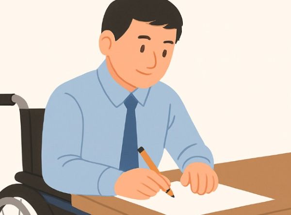  휠체어 탄 남성이 정장 차림으로 일하는 모습