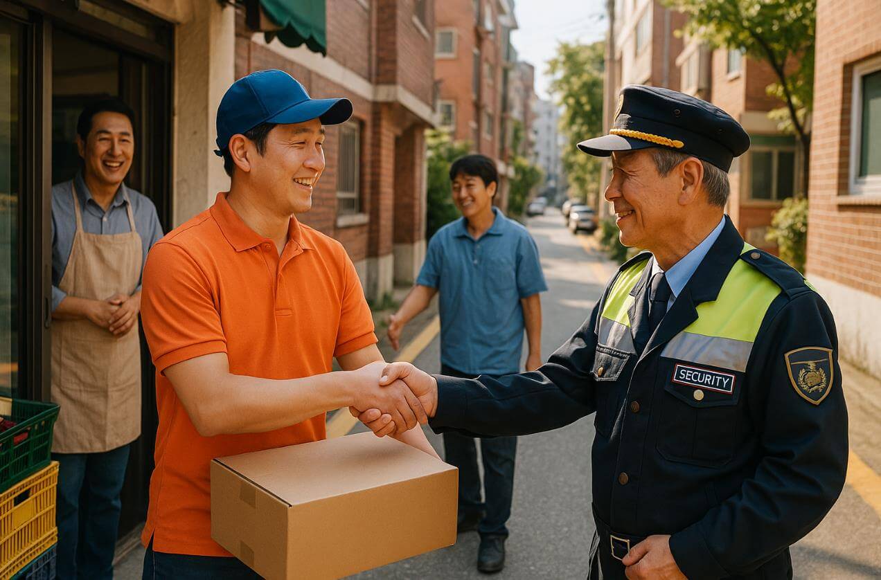경비원과 배달원이 악수하며 웃는 동네의 따뜻한 장면.