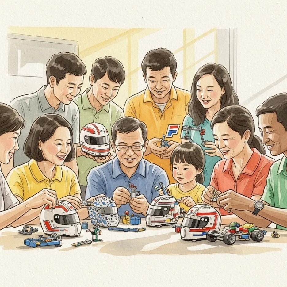 여러 사람이 함께 레고 헬멧을 조립하며 소통하는 모습