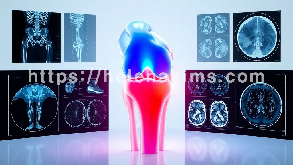 밝고 깨끗한 배경 중앙에 인체 무릎 관절의 투명한 3D 모델. 건강한 연골은 푸른빛으로, 손상된 연골은 희미하게 붉은빛으로 표현. 모델 주변에는 X-ray 이미지(뼈), 초음파 영상(연부 조직), MRI 스캔(정밀 단면)의 그래픽 요소들이 배치되어 관절의 미세한 변화를 눈으로 확인하는 진단 과정 모습.