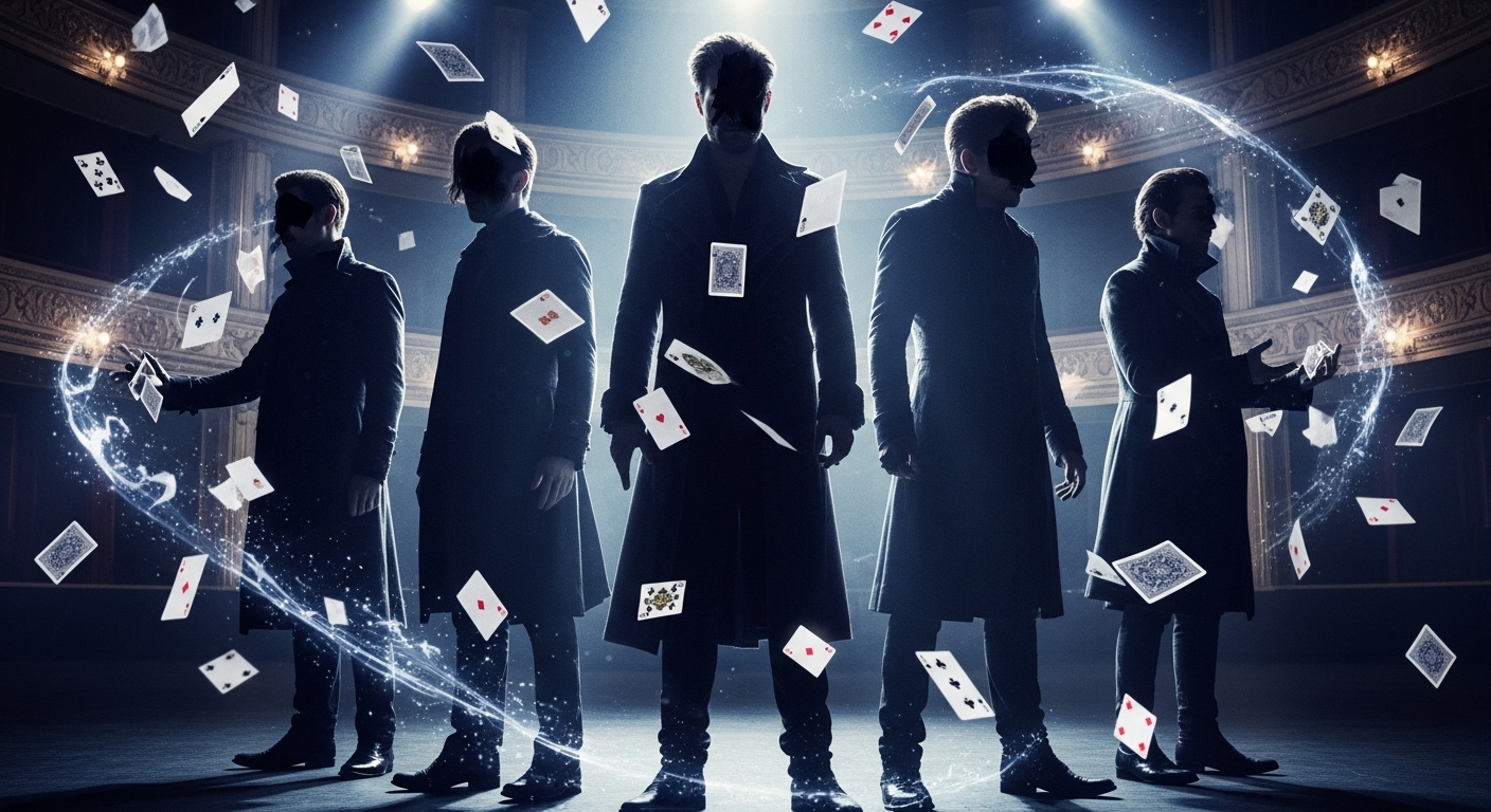 나우 유 씨 미 3: 네 명의 마술사가 무대 위에서 카드를 휘두르며 신비로운 마술을 펼치는 모습.