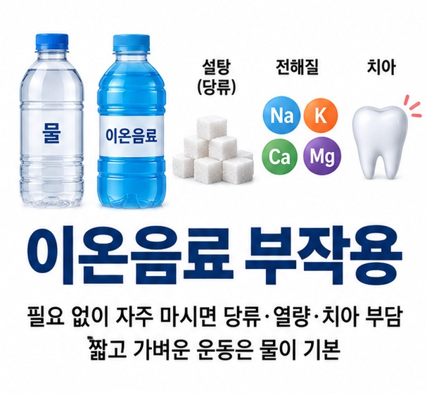 이온음료 부작용과 당류 나트륨 산성도 치아 위험을 균형 있게 정리한 건강 교육용 이미지