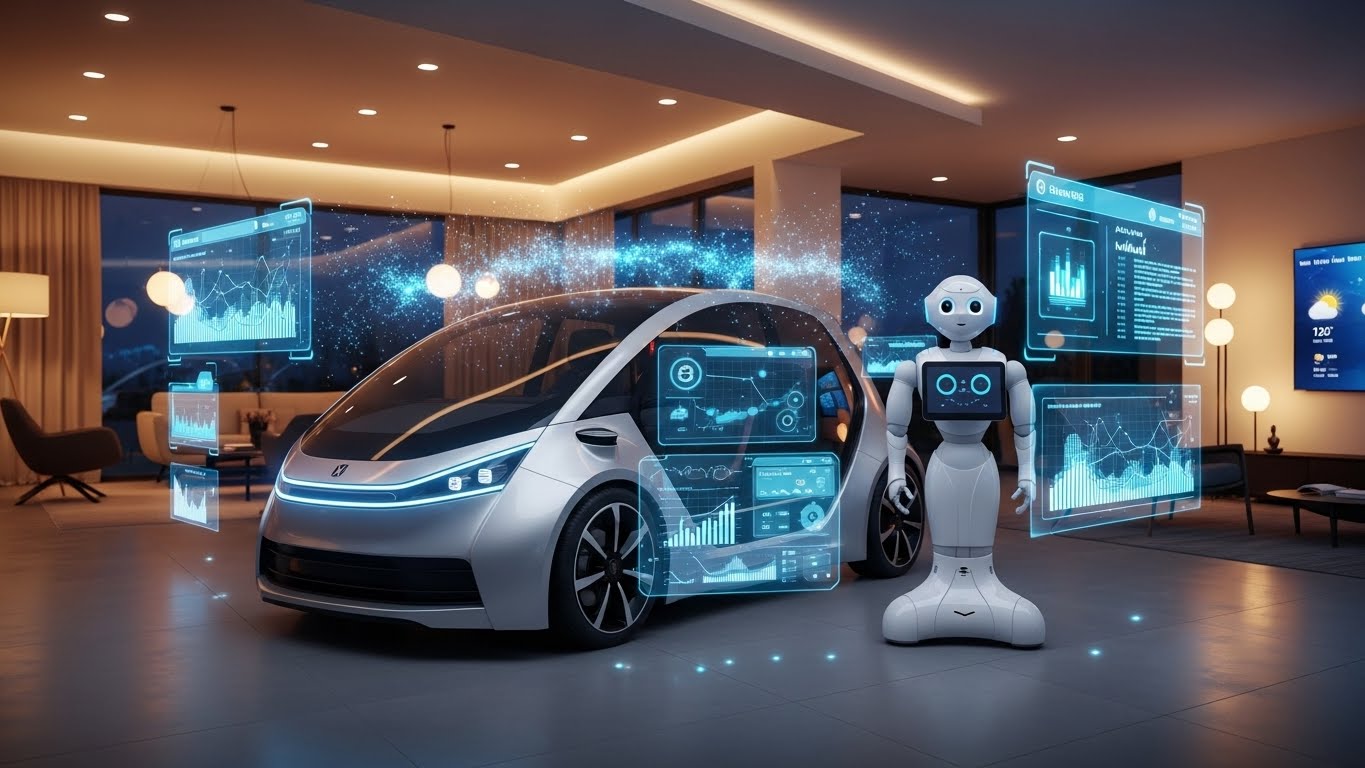 고급 거실 쇼룸에 전시된 미래형 자율주행 전기차와 휴머노이드 로봇 - 홀로그램 데이터 대시보드와 차트가 떠있고, 스마트홈 IoT 시스템과 연결된 AI 기술을 보여주는 장면