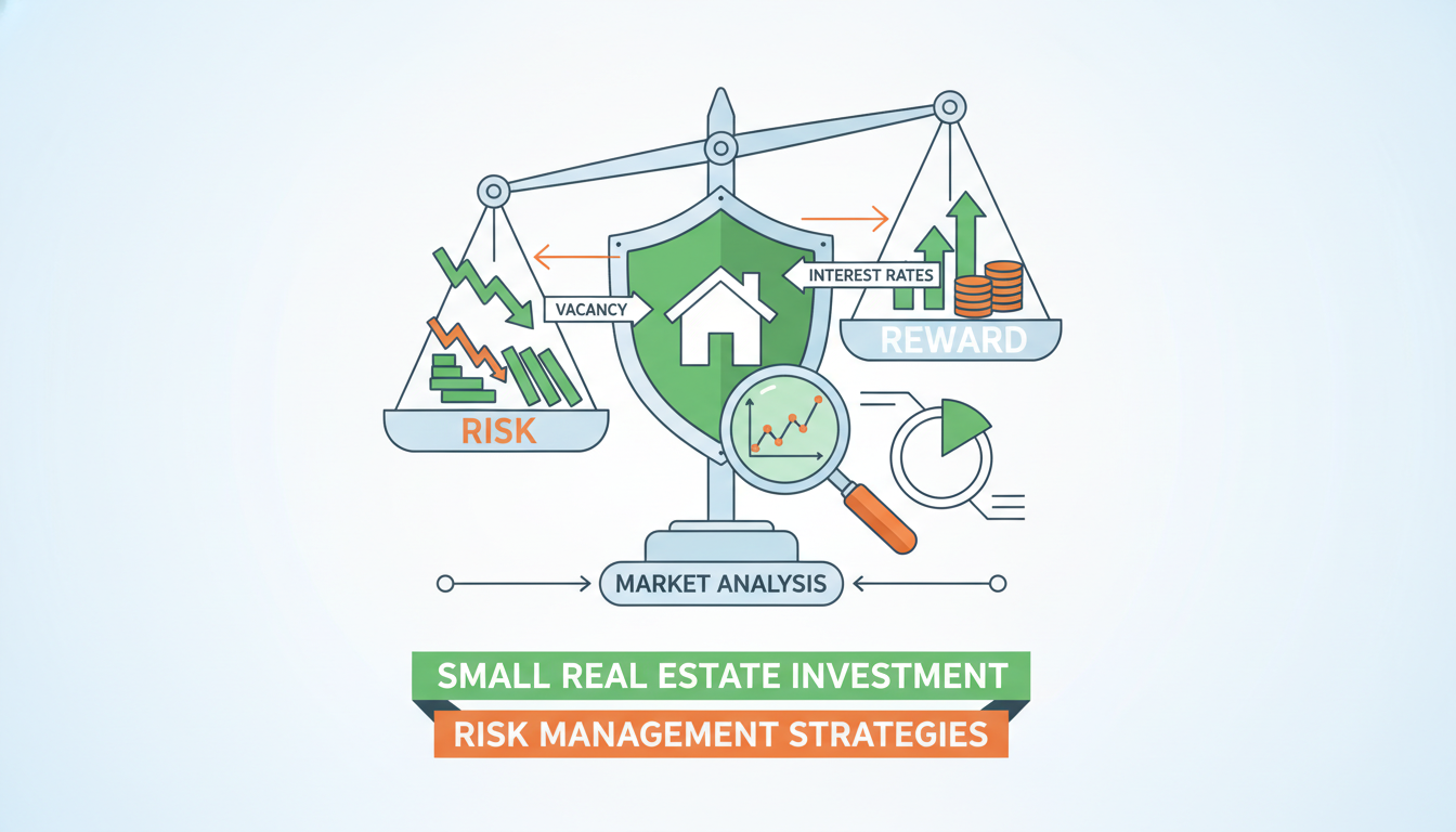 부동산 소액 투자 시 발생할 수 있는 공실, 금리 변동 등 리스크 관리의 중요성을 나타내는 인포그래픽.
