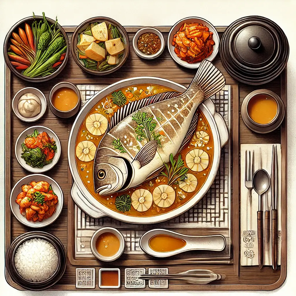 도다리 쑥국이 포함된 한국 전통 밥상, 다양한 반찬과 따뜻한 국물 요리 포함
