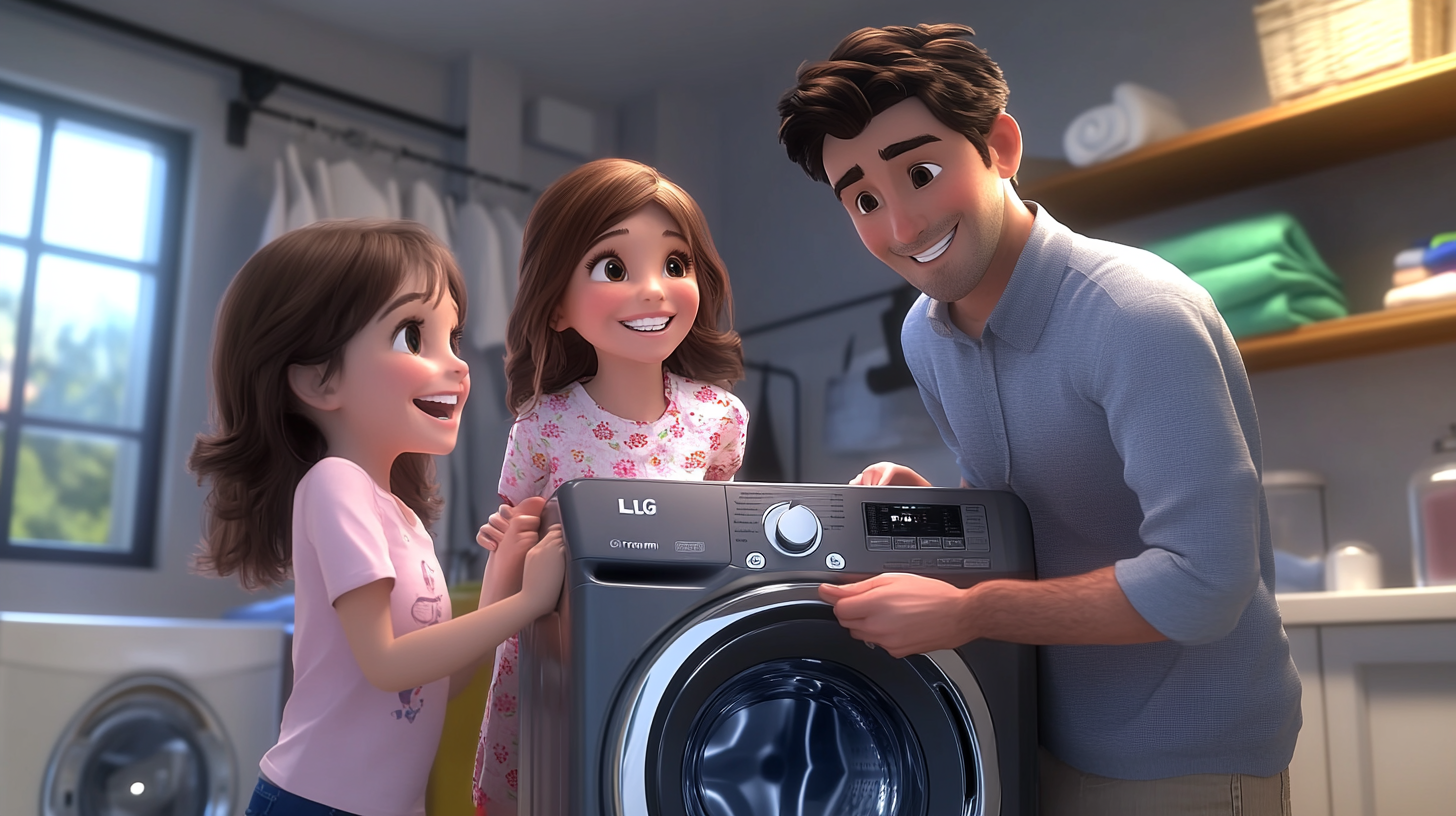 LG 트롬 세탁기를 사용하여 만족하는 가족, 편안하고 세련된 세탁실에서 행복한 표정과 깨끗한 환경을 강조한 부드러운 조명의 일러스트
