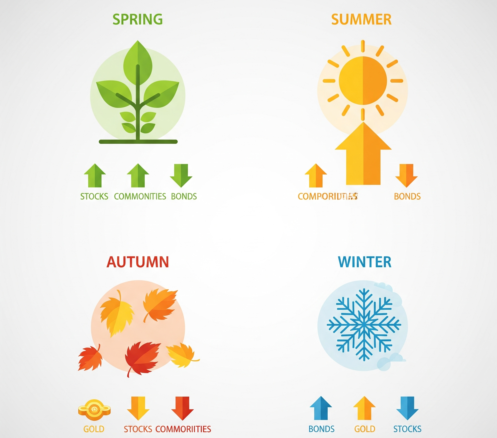 경제의 4계절(봄, 여름, 가을, 겨울)과 각 계절에 강한 자산(주식, 원자재, 채권, 금) 아이콘