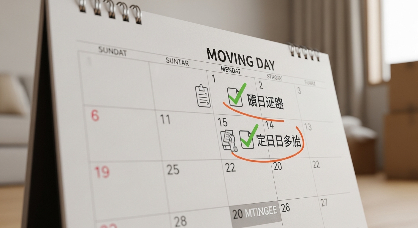 이사 당일 달력에 전입신고와 확정일자를 완료했음을 체크하는 이미지