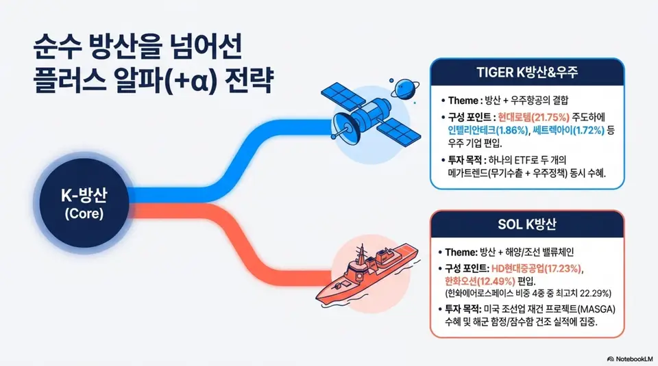 방산, 우주항공 ETF: 순수 방산을 넘어선 플러스 알파 전략 인포그래픽. TIGER K방산 우주는 현대로템 21.75퍼센트에 인텔리안테크 쎄트렉아이 등 우주항공 기업 편입. SOL K방산은 HD현대중공업 17.23퍼센트와 한화오션 12.49퍼센트로 조선방산 밸류체인 포함