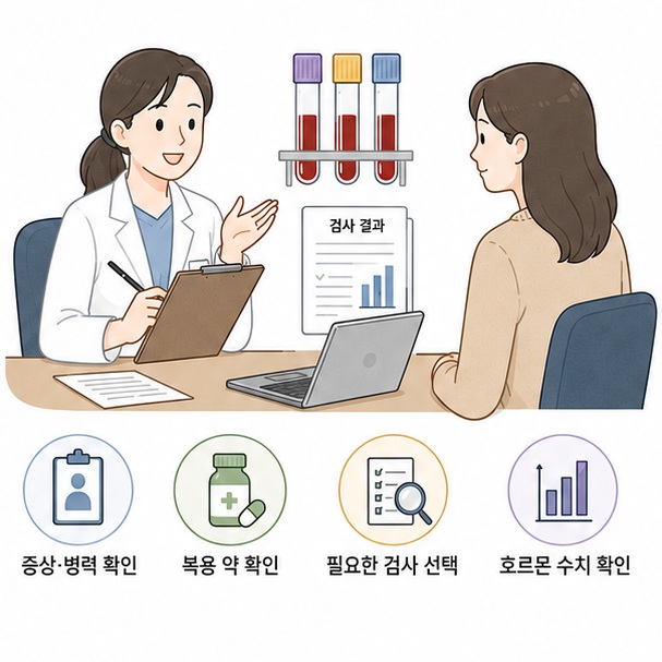의료진 상담과 혈액검사를 통해 증상에 맞는 호르몬 수치를 확인하는 과정을 표현한 이미지