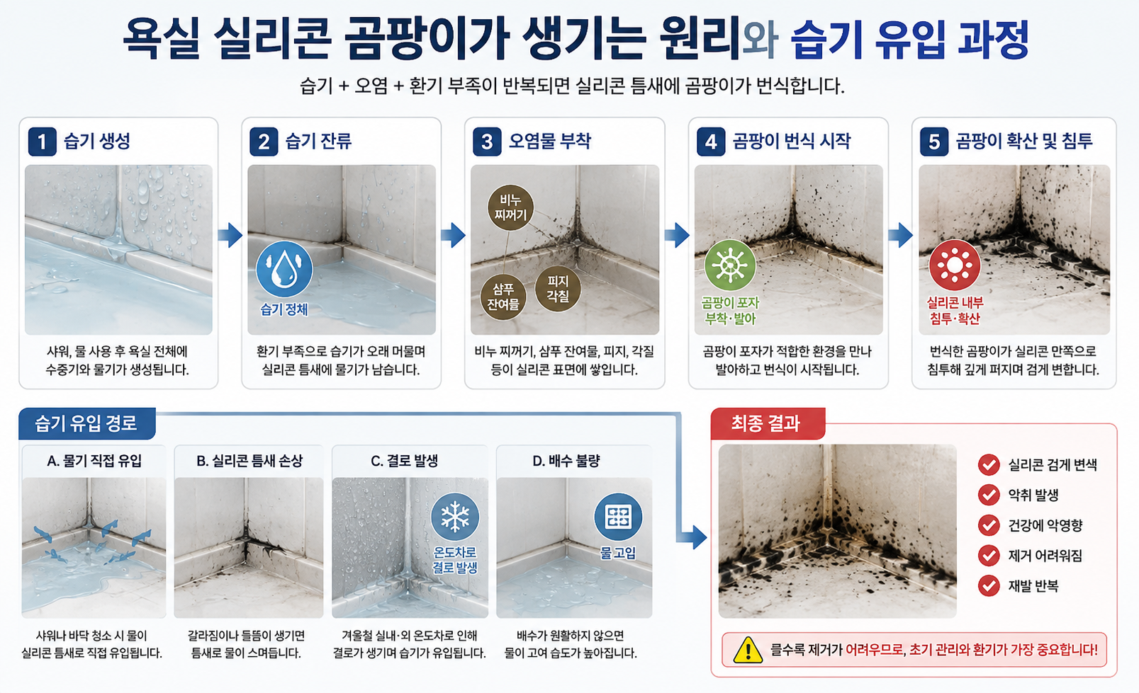 욕실 실리콘 곰팡이가 생기는 원리와 습기 유입 과정 이미지