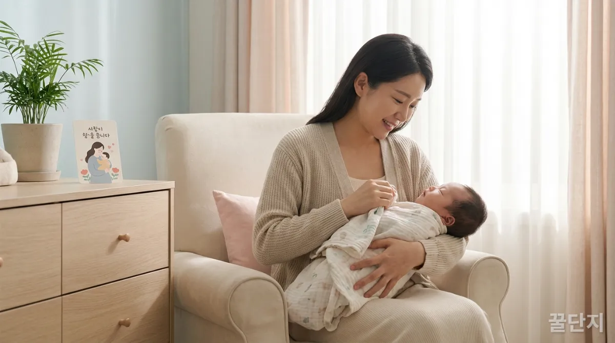 신생아를 안고 있는 한국인 산모와 출산 지원 바우처