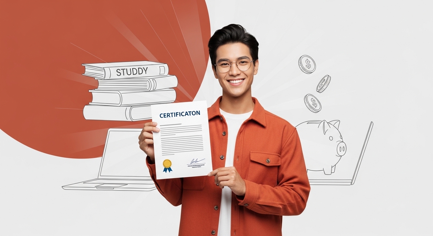 2026년 청년 자격증 시험 응시료 지원을 통해 희망찬 표정으로 자격증을 들고 있는 청년. 학업과 재정적 지원을 상징하는 배경 요소들이 어우러져 청년 취업 성공의 긍정적인 이미지를 전달합니다.