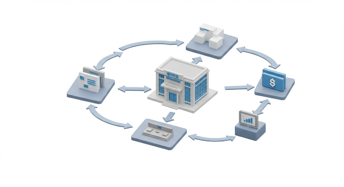 채무조정 프로세스를 보여주는 3D 플로우차트, 연결된 노드들과 화살표, 한국 금융기관 건물들