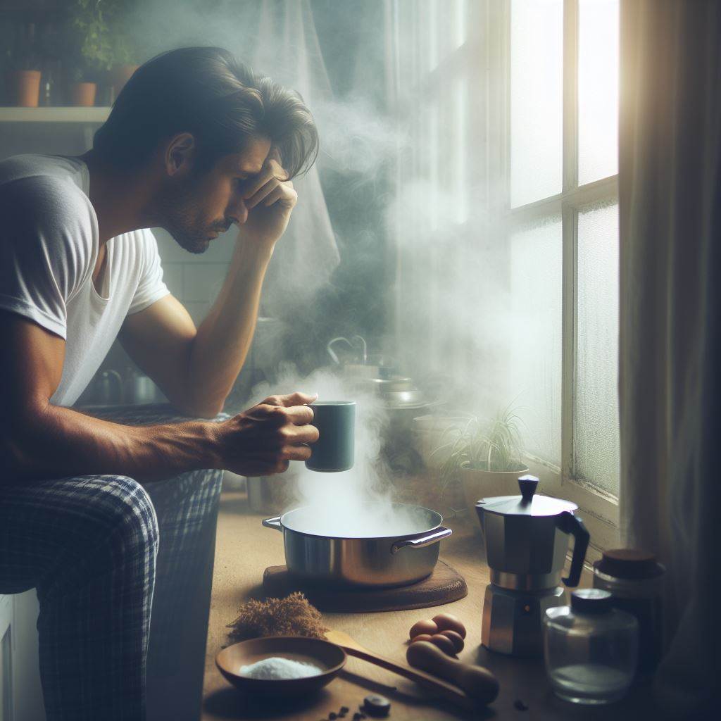A person looking at the foggy window while making coffee in the morning, feeling frustrated and missing someone.