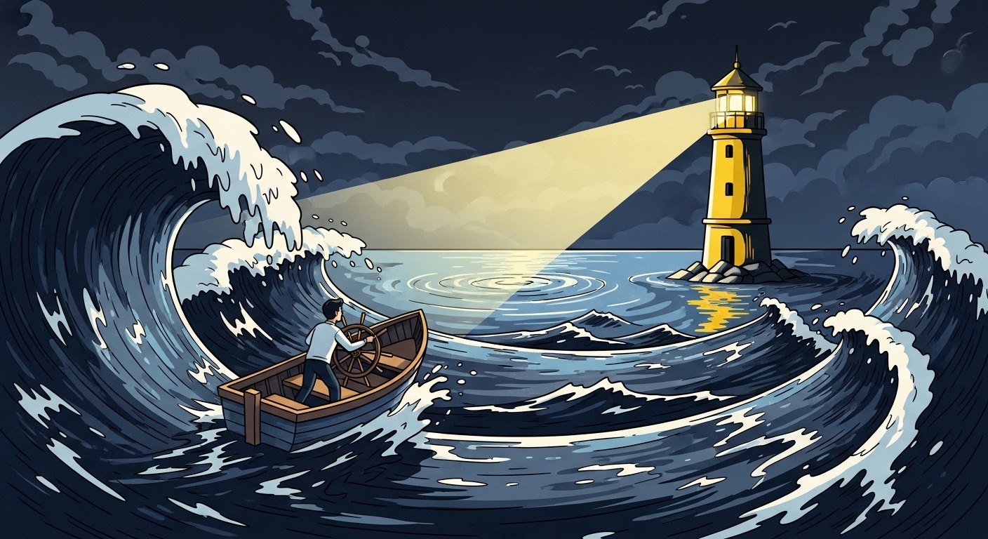 거친 파도가 치는 바다 위에서 등대의 불빛을 따라 안전한 항로로 배를 모는 투자자의 모습