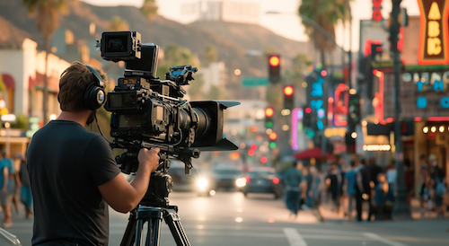 도심 한복판에서 촬영을 진행하는 영화 촬영 스태프의 모습