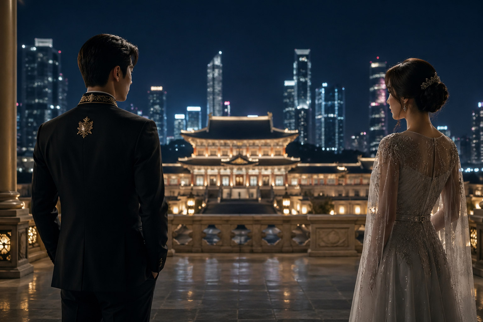 21세기 대군부인 분위기의 현대 왕실 커플, 밤 도시 배경에서 서로 마주보지만 거리감을 둔 남녀의 긴장감 있는 장면