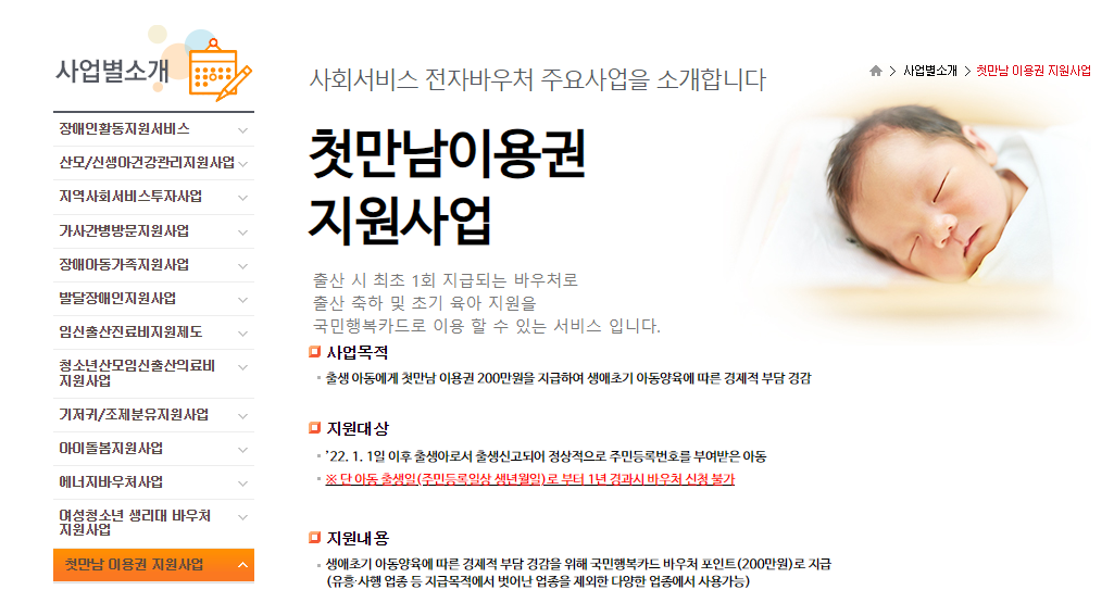 첫만남이용권 온라인 신청 안내 화면 예시