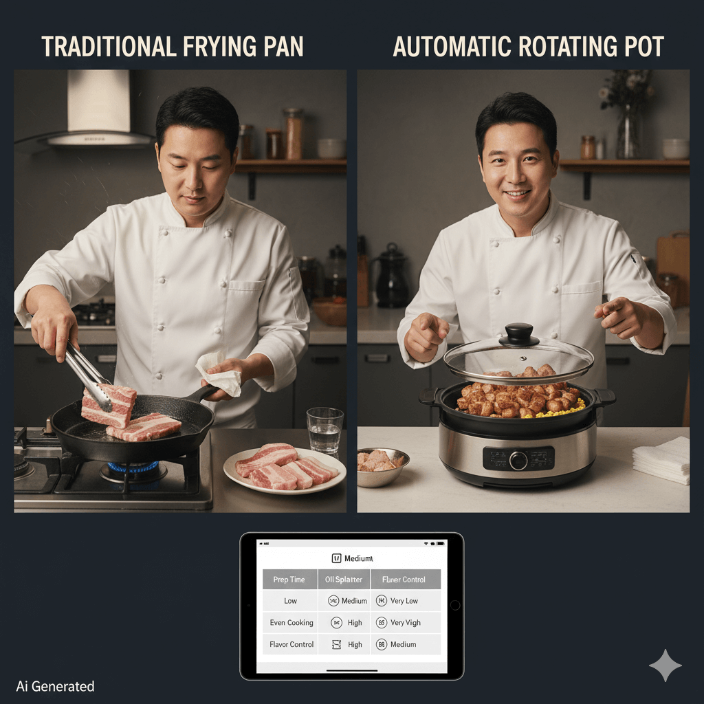 프라이팬과 자동 회전 냄비를 이용한 삼겹살 조리 방식의 기름 튐 및 편의성을 비교하는 요리사