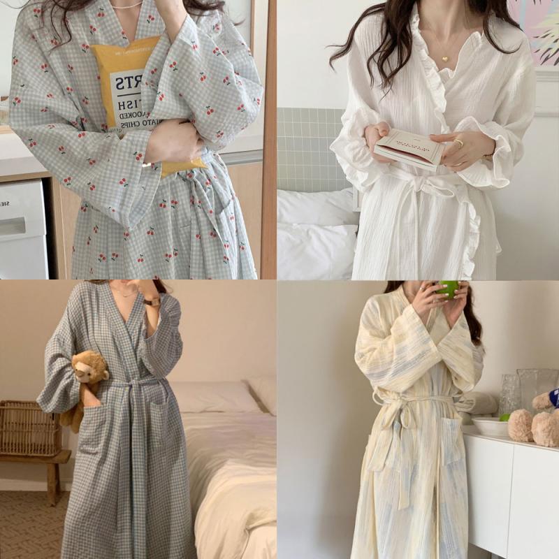 무드문 레이스 프릴 로브 잠옷 가운 원피스 파자마 홈웨어 체크 곰돌이 실크 요루면 여성 가을 겨울 잠옷