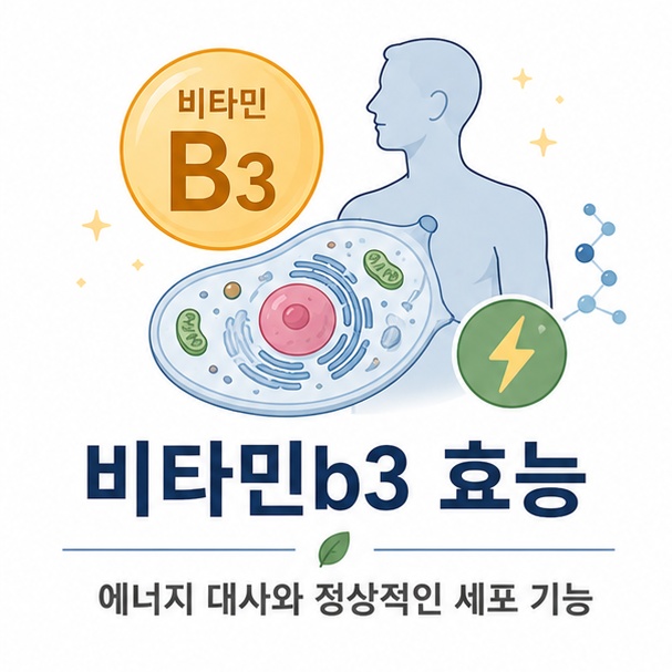 비타민 B3가 음식의 영양소를 에너지로 이용하고 세포가 정상적으로 기능하는 과정에 관여한다는 점을 보여 주는 그림