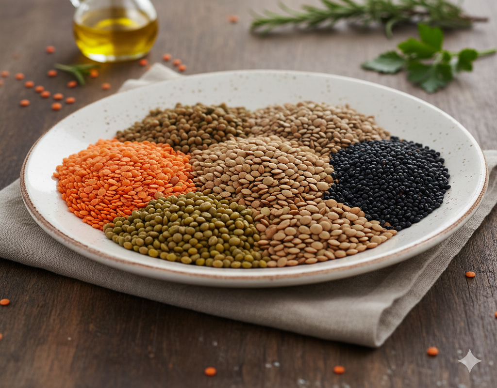 색깔별로 나누어 담긴 볼록렌즈 모양을 닮은 납작하고 알록달록한 렌틸콩(렌즈콩)