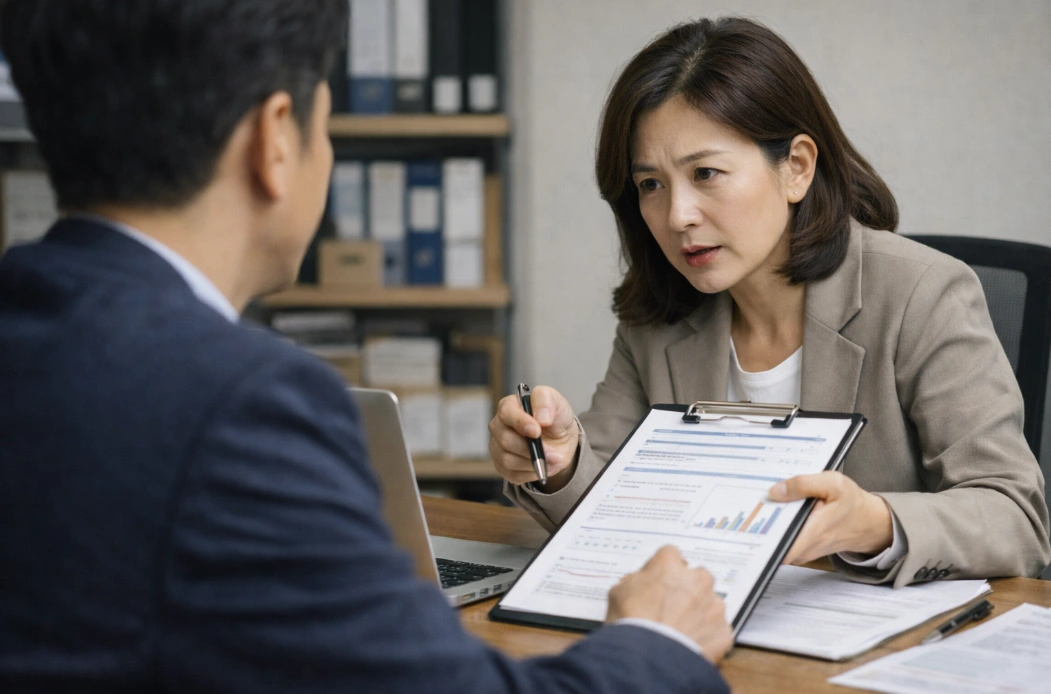 사무실에서 고용유지지원금 지원 요건을 검토하며 전략을 고민하는 40~50대 한국 사업장 대표의 뒷모습