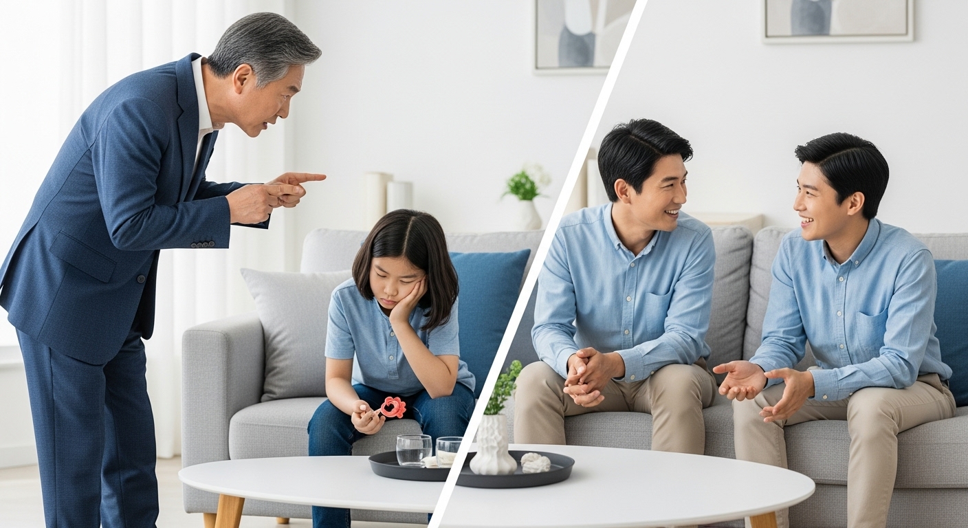 세대별 다른 대화 방식을 보여주는 이미지. 한쪽은 일방적인 훈계를, 다른 한쪽은 경청과 공감이 담긴 대화를 나타냄.