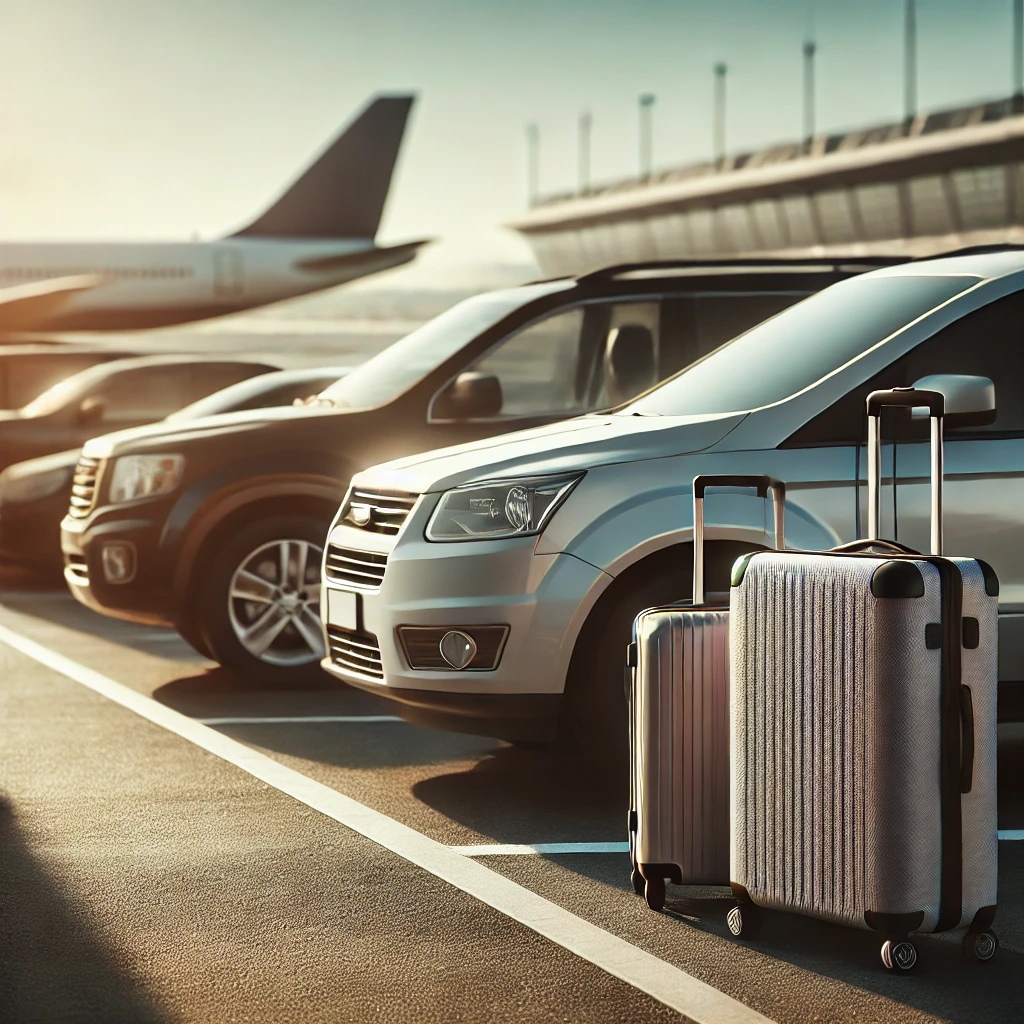 공항 주차장에 있는 여행 캐리어 모습