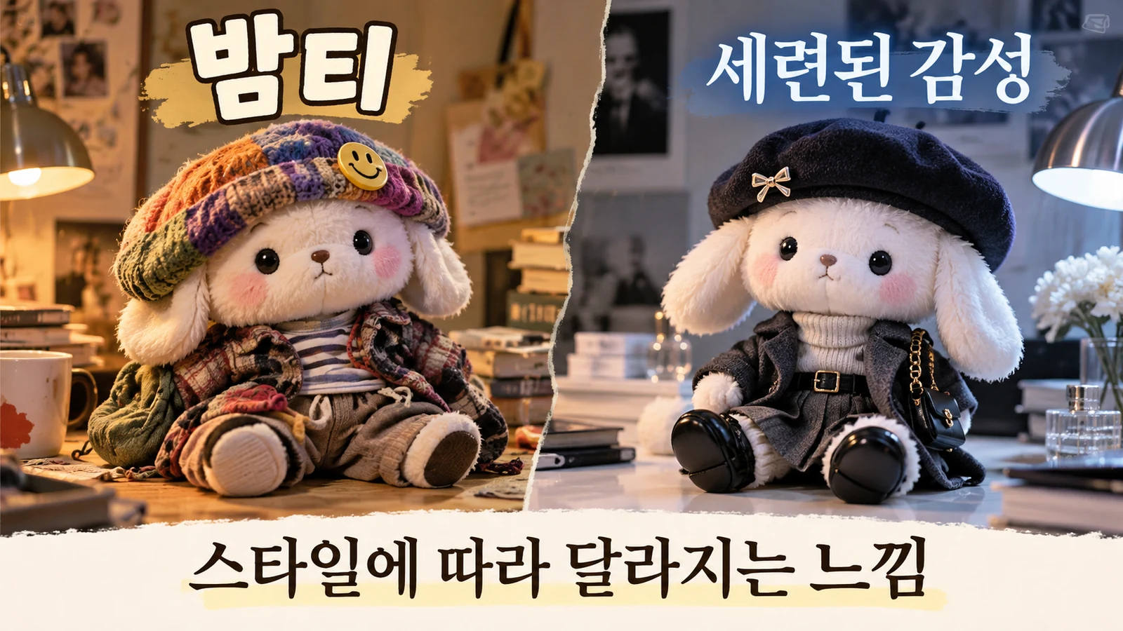 밤티 뜻 설명용 그림 어설프고 촌스러운 코디와 깔끔한 스타일 비교